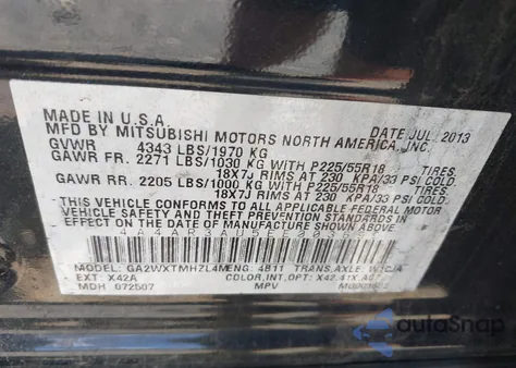 2014 Mitsubishi Outlander Sport Es из США, поврежденный, VIN 4A4AR3AU5EE003699